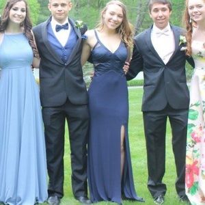 Navy Paneled Mesh Insert Prom Dress